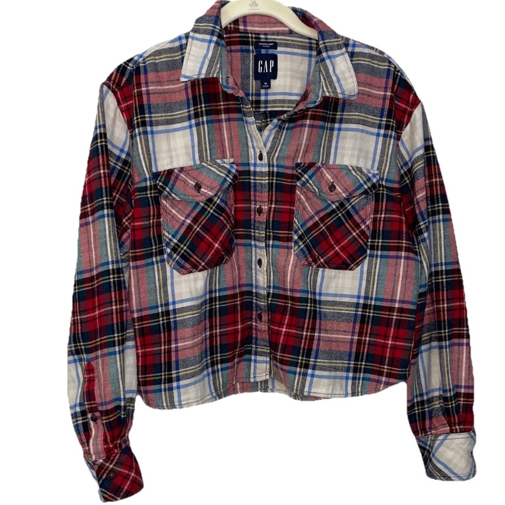 GAP Crop Flannel Shirt Womens Medium Cropped Red Plaid Button Up Cotton